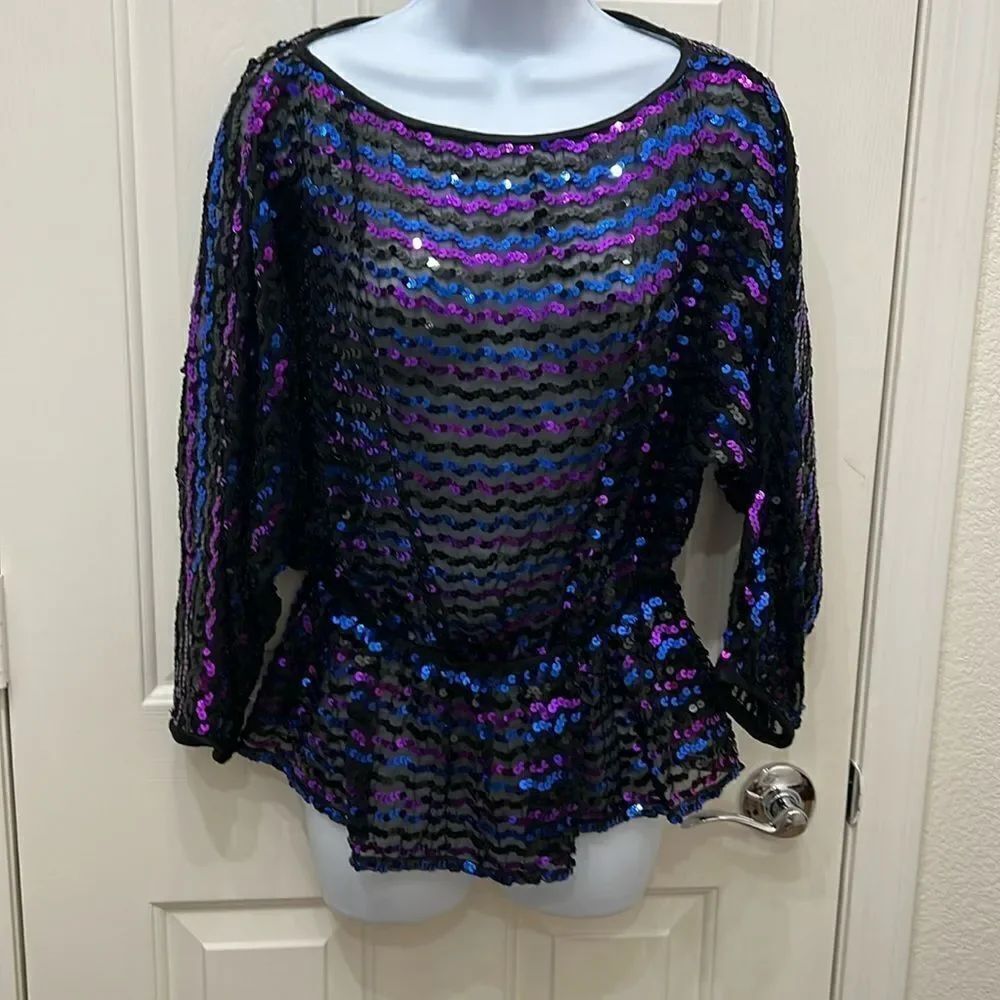 Vintage Handmade Sheer Sequin Multicolor Top Ruffled Black BlueāPurple 3/4 Sleev